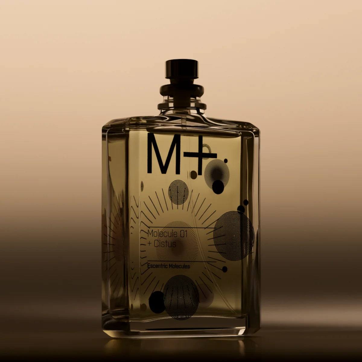 Escentric Molecules - Molecule 01+ Cistus Parfumflakon mit modernem Design und warm schimmerndem Hintergrund