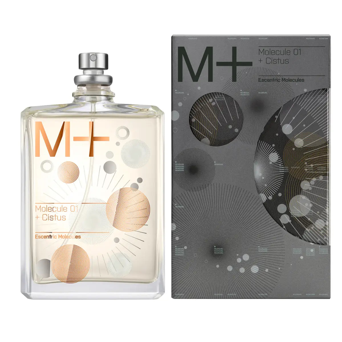 Escentric Molecules - Molecule 01+ Cistus Parfumflakon mit grafischem Design und silbernem Zerstäuber vor weißem Hintergrund