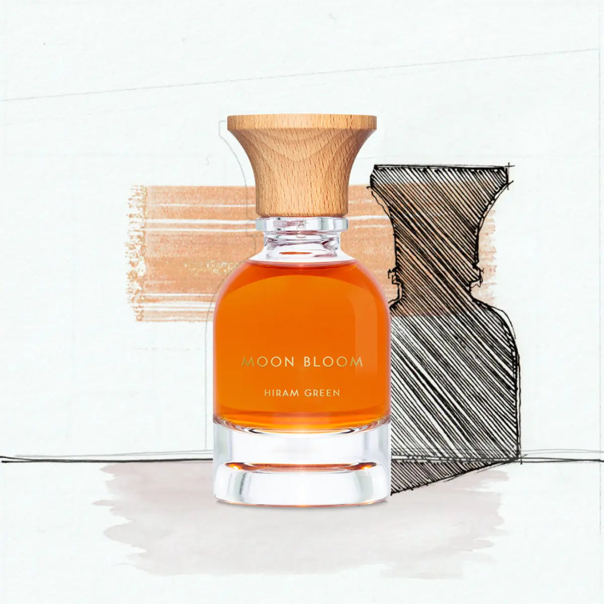 Hiram Green - Moon Bloom Parfumflakon mit rundem Holzverschluss und bernsteinfarbenem Duft, klare Glasflasche designstark präsentiert