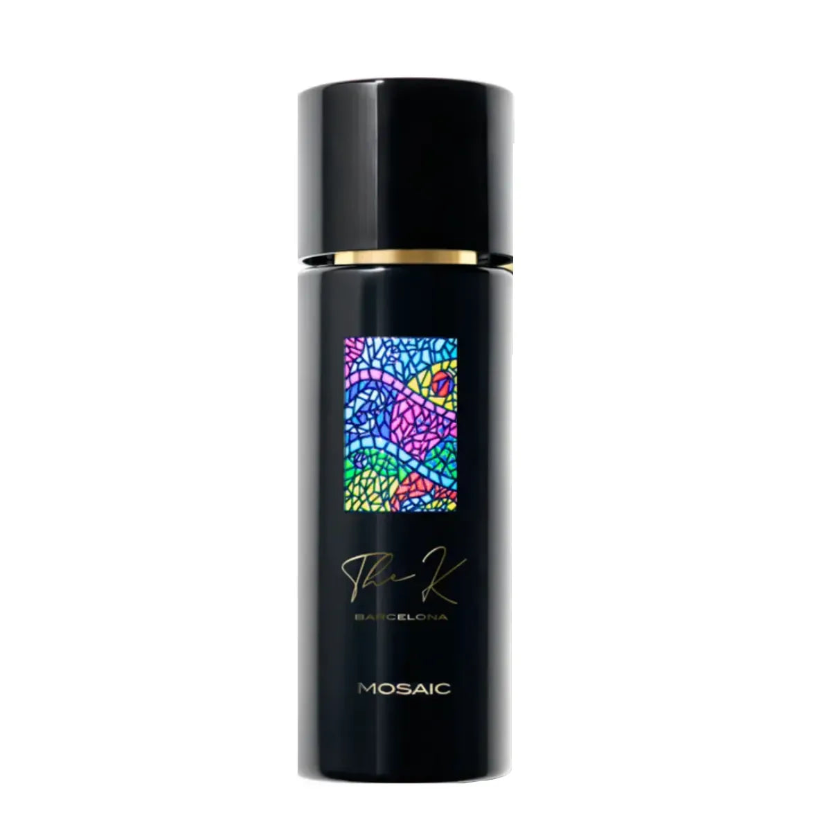 Kinetic Perfumes - Mosaic schwarzer Flakon mit farbigem Mosaikdesign und goldfarbenem Akzent elegant gestaltet