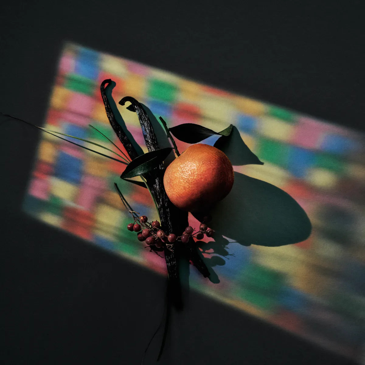 Kinetic Perfumes - Mosaic zeigt Mandarine, Vanilleschoten und Blätter vor buntem Mosaiklichtspiel