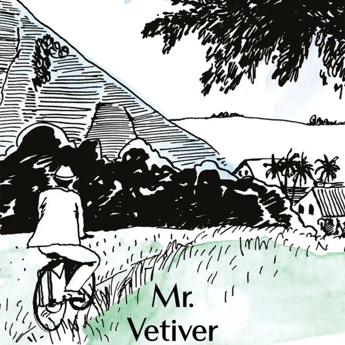 Une Nuit Nomade - Une Nuit a Bali - Mr. Vetiver Illustration eines Mannes auf Fahrrad vor tropischer Landschaft mit Hügeln und Palmen