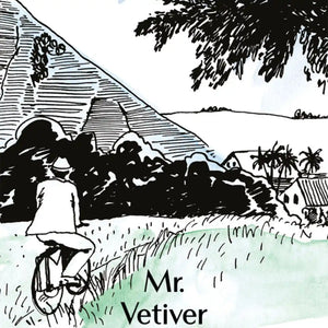 Une Nuit Nomade - Une Nuit a Bali - Mr. Vetiver Illustration eines Mannes auf Fahrrad vor tropischer Landschaft mit Hügeln und Palmen