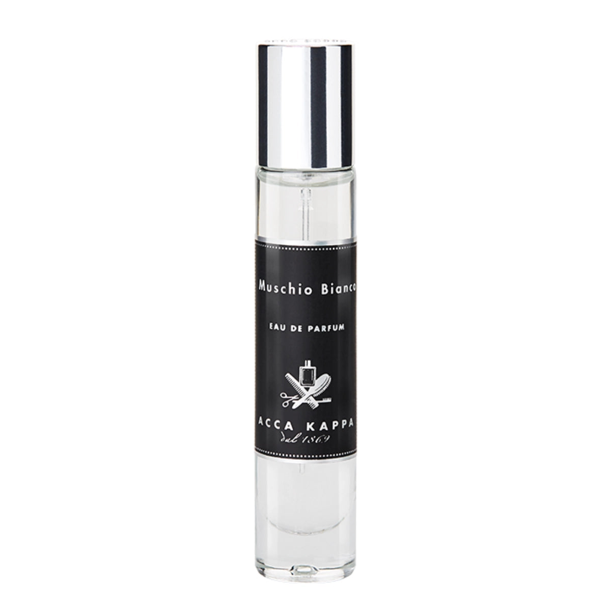 Acca Kappa - Muschio Bianco - Eau de Parfum in schlankem, klarem Flakon mit schwarzem Etikett und silbernem Verschluss