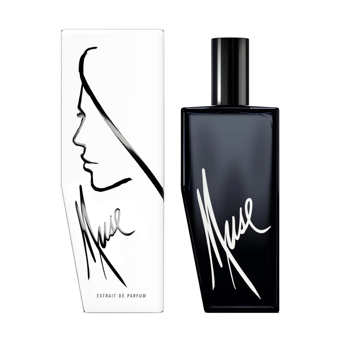 Andrea Maack Parfums - Muse Parfumflakon in tiefblauem Glas mit weißer kalligrafischer Schrift und schwarzem Verschluss