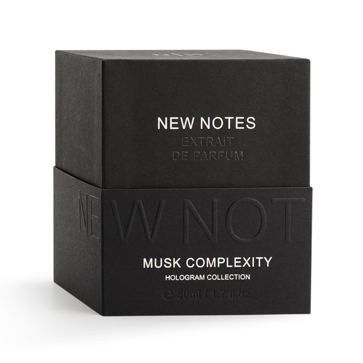 New Notes - Hologram Collection - Musk Complexity elegante schwarze Verpackung mit minimalistischer Prägung auf weißem Hintergrund