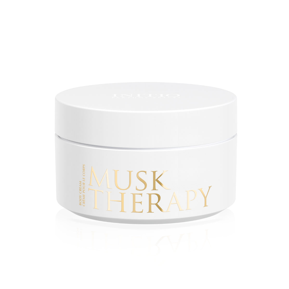 Initio - Musk Therapy - Body Cream weiße Cremedose mit goldener Schrift vor hellem Hintergrund minimalistisch gestaltet