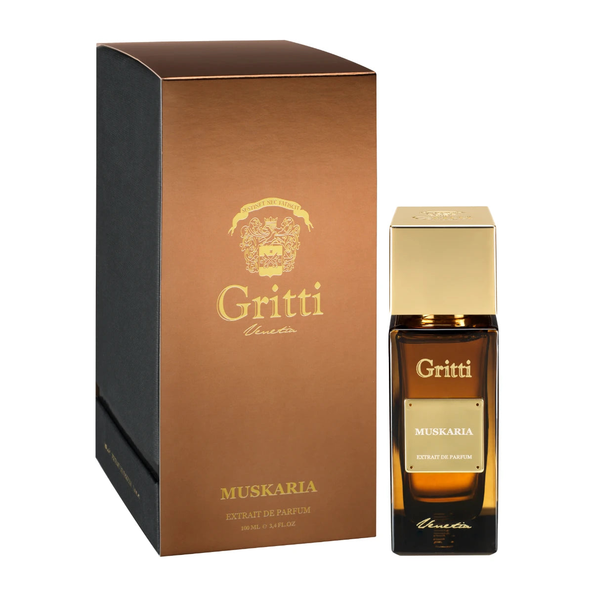 Gritti - Ivy Collection - Muskaria Parfum mit bernsteinfarbenem Flakon und edler, goldfarbener Verpackung in elegantem Design
