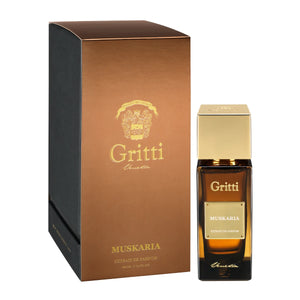 Gritti - Ivy Collection - Muskaria Parfum mit bernsteinfarbenem Flakon und edler, goldfarbener Verpackung in elegantem Design