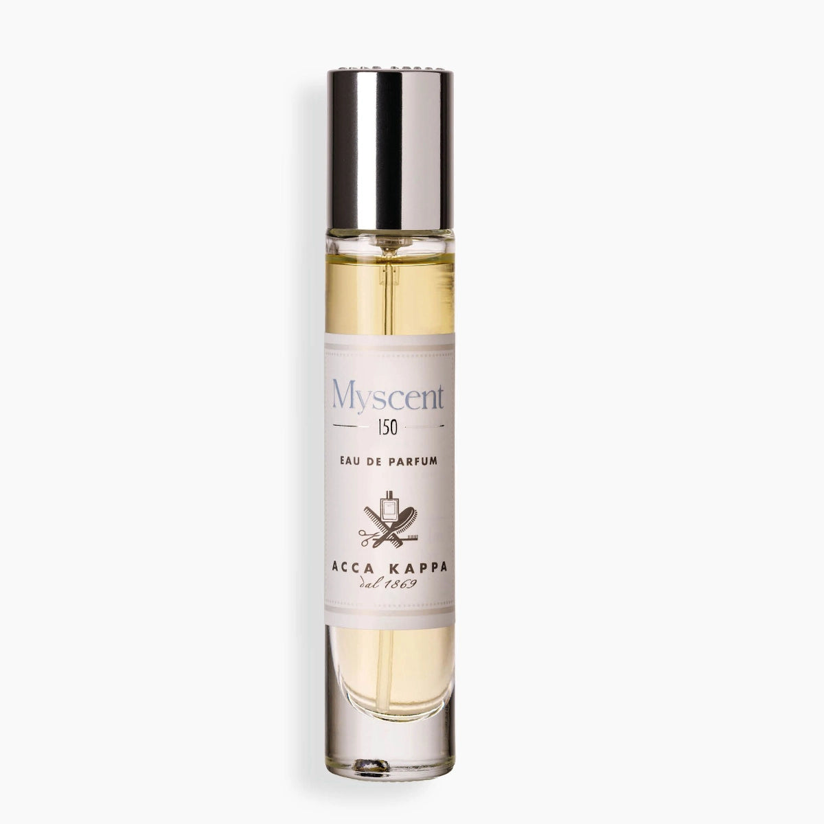 Acca Kappa - Myscent 150 schlanker Glasflakon mit silbernem Verschluss und cremefarbenem Etikett auf hellem Hintergrund