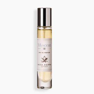 Acca Kappa - Myscent 150 schlanker Glasflakon mit silbernem Verschluss und cremefarbenem Etikett auf hellem Hintergrund