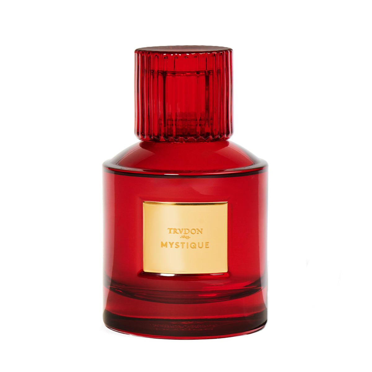 Trudon - Nuit Rouge - Mystique Parfumflakon in tiefrotem Glas mit goldfarbener Platte vor weißem Hintergrund