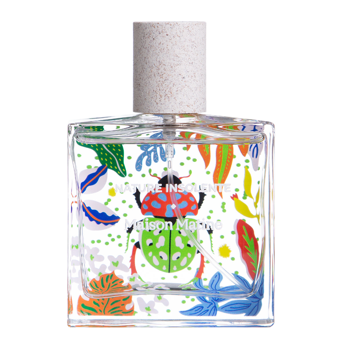 Maison Matine - Nature Insolente Parfumflakon mit farbenfrohem Käfermotiv und floralen Elementen auf klarem Glas