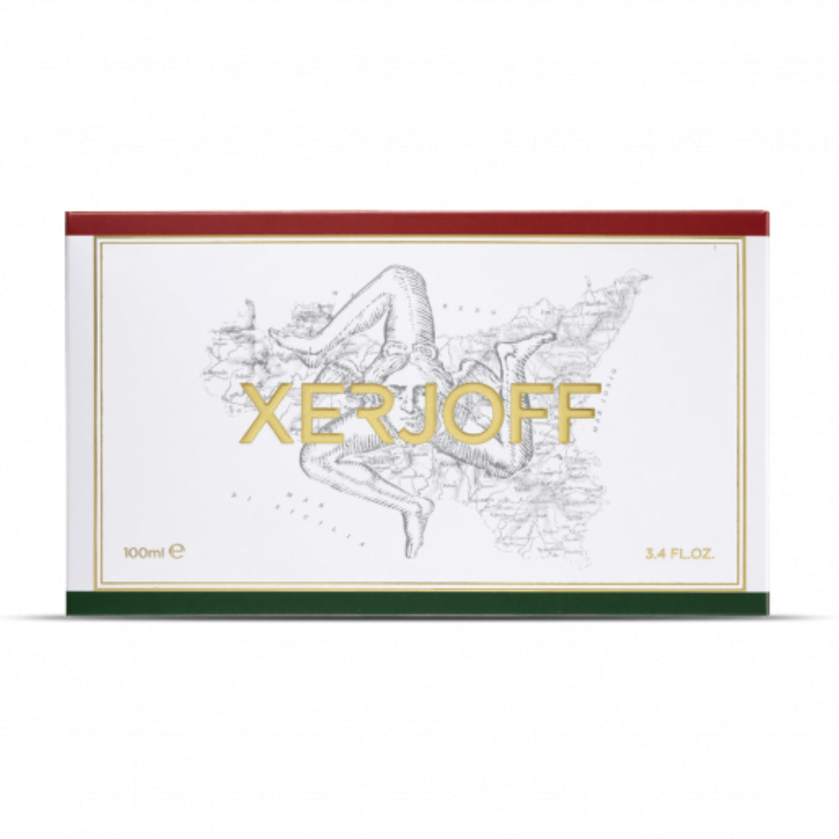 Xerjoff - XJ 1861 - Naxos Verpackung mit goldfarbenem Schriftzug und stilisierter Sizilien-Karte in Rot, Weiß und Grün