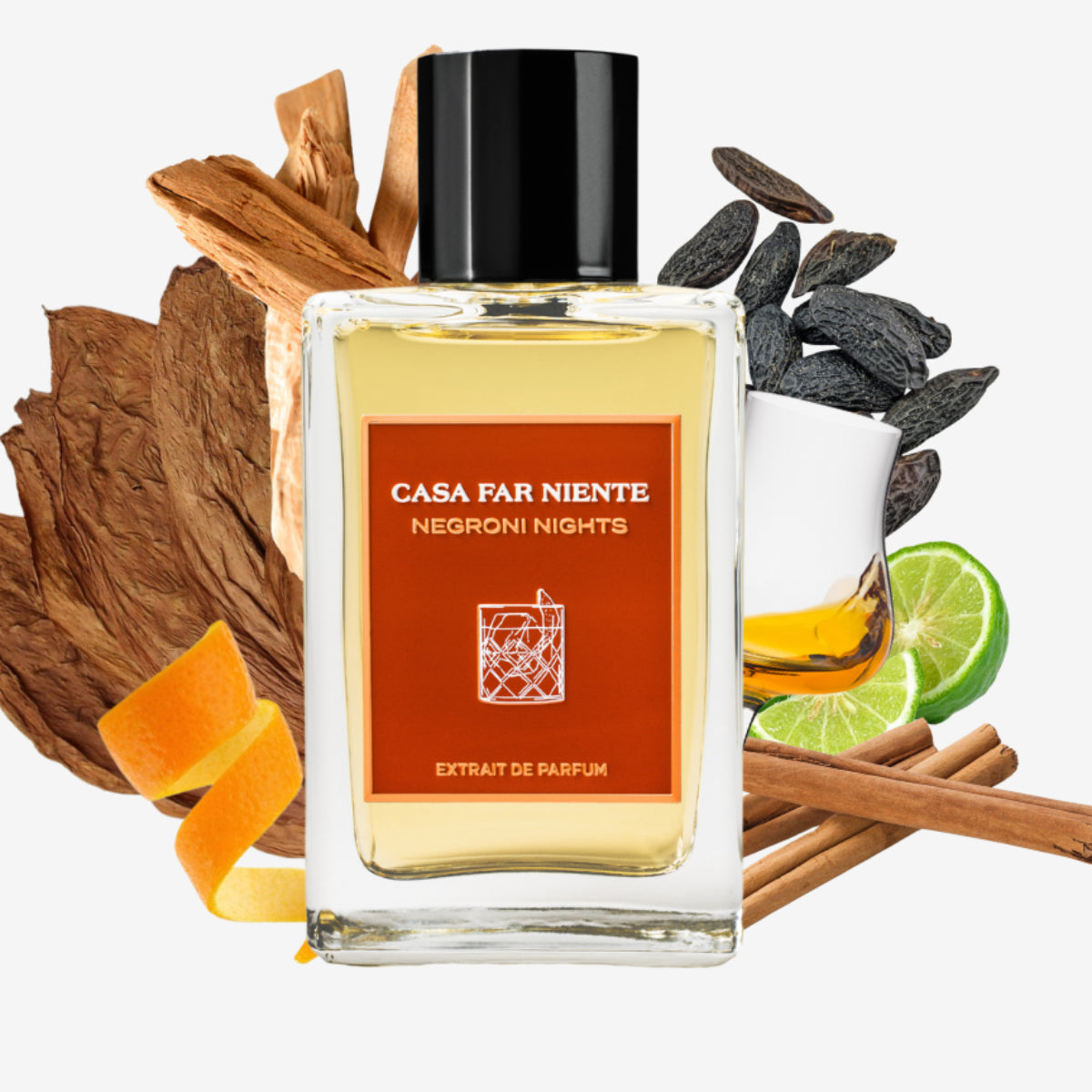 Casa Far Niente - Negroni Nights Flakon mit bernsteinfarbener Flüssigkeit und holzigen sowie würzigen Duftnoten im Hintergrund
