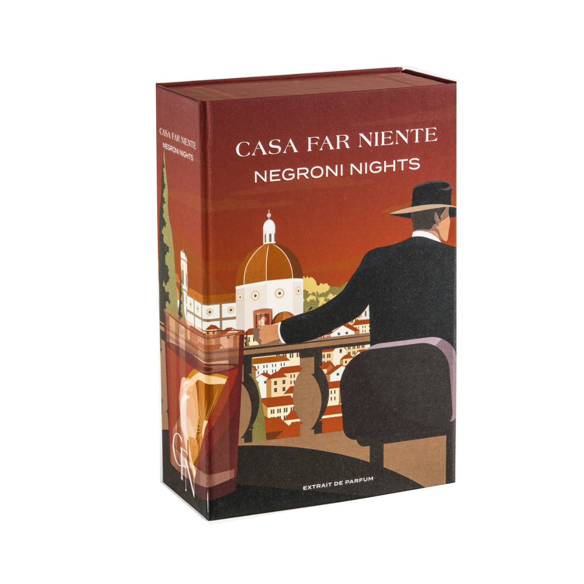 Casa Far Niente - Negroni Nights Verpackung mit florentinischer Skyline und stilisierter Figur in elegantem Hut