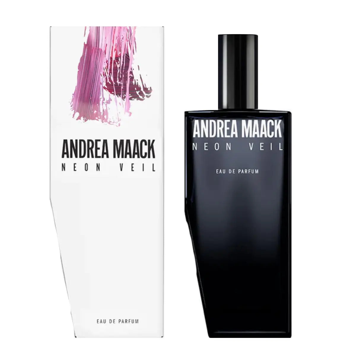 Andrea Maack Parfums - Neon Veil Parfumflakon in schwarz mit weißem Schriftzug neben weißer Verpackung mit abstraktem rosa Muster