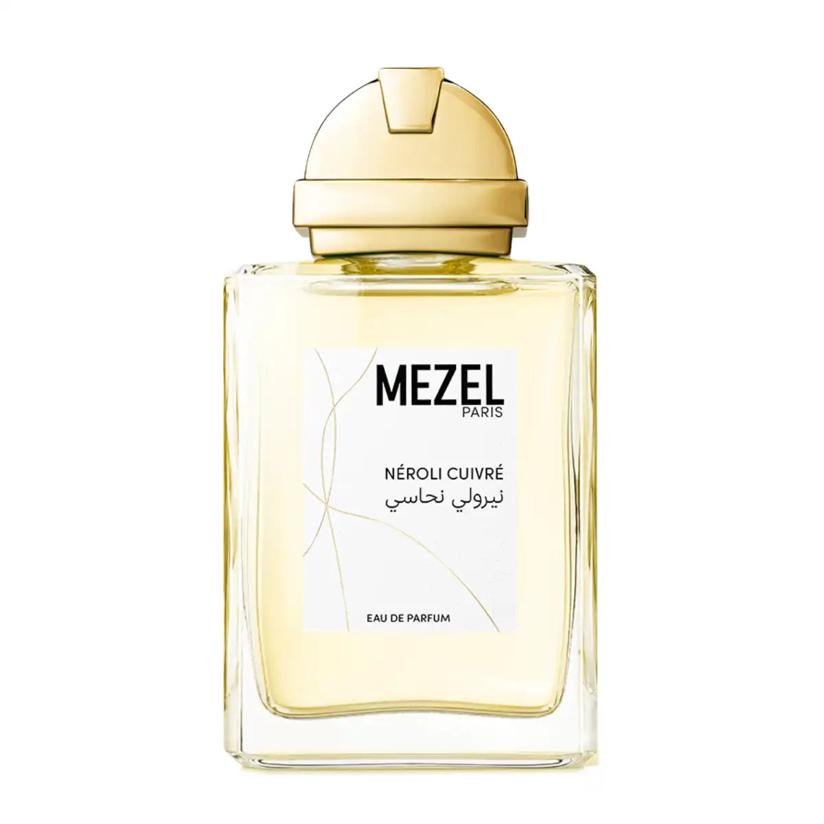 Mezel Paris - Néroli Cuivré Parfumflakon mit goldenem Verschluss vor weißem Hintergrund in klarem Glas