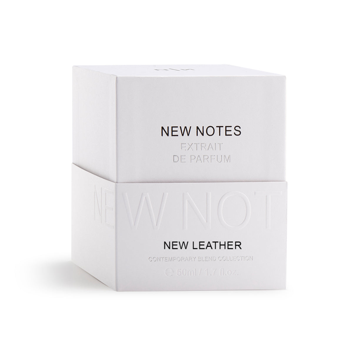 New Notes - Contemporary Blend Collection - New Leather zeigt weiße Verpackung mit prägnanter Schrift und minimalistischer Gestaltung