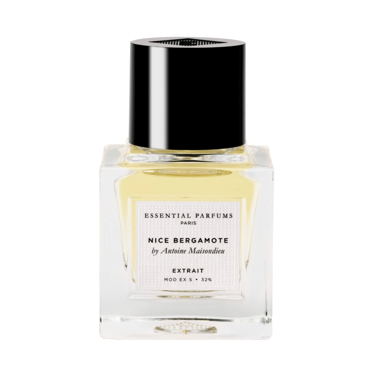 Essential Parfums - Nice Bergamote - Extrait de Parfum zeigt klaren Flakon mit schwarzem Deckel und hellgelbem Duftöl vor weißem Hintergrund