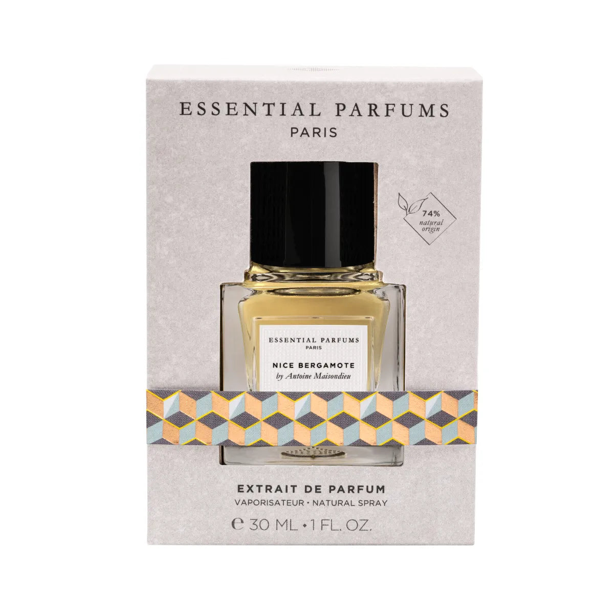 Essential Parfums - Nice Bergamote - Extrait de Parfum zeigt klaren Flakon in eleganter Verpackung mit geometrischem Muster