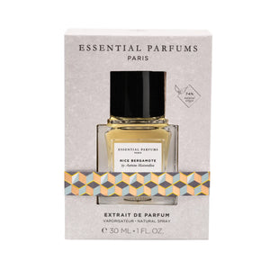 Essential Parfums - Nice Bergamote - Extrait de Parfum zeigt klaren Flakon in eleganter Verpackung mit geometrischem Muster