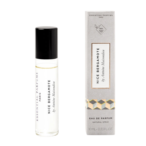 Essential Parfums - Nice Bergamote Roll-On Flakon mit schwarzem Verschluss und schlichter Kartonverpackung vor weißem Hintergrund