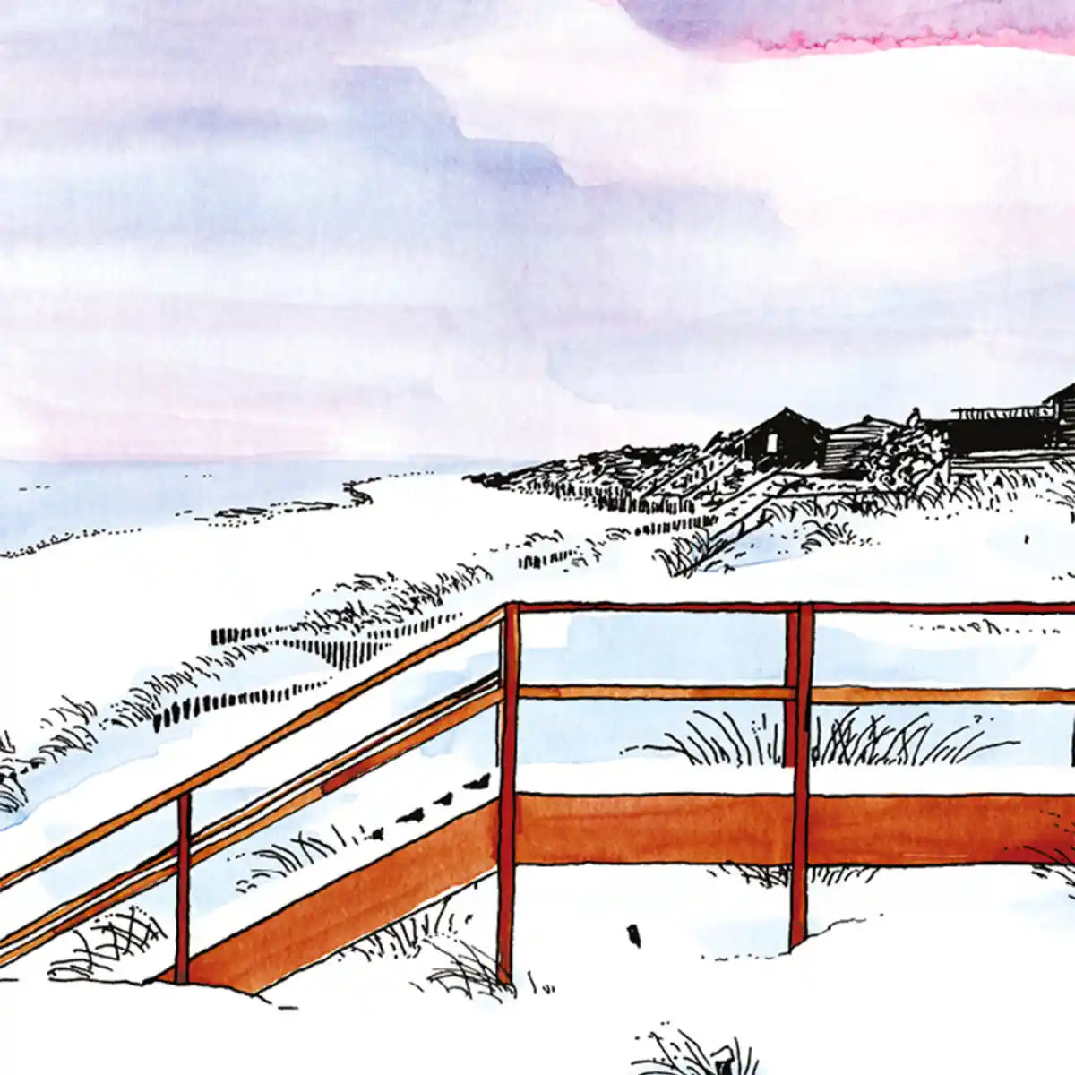 Une Nuit Nomade - Une Nuit a Montauk - Nothing but Sea and Sky Aquarellillustration einer Küstenlandschaft mit Holzgeländer