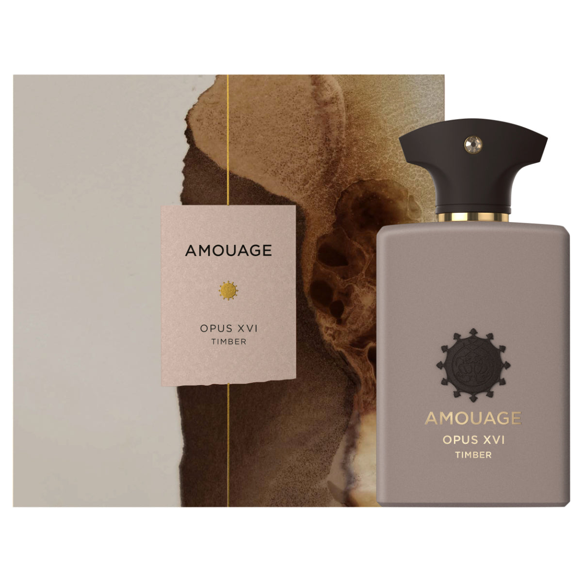 Amouage - Library Collection - Opus XVI - Timber Flakon in mattem Braun mit goldener Prägung vor abstraktem Muster