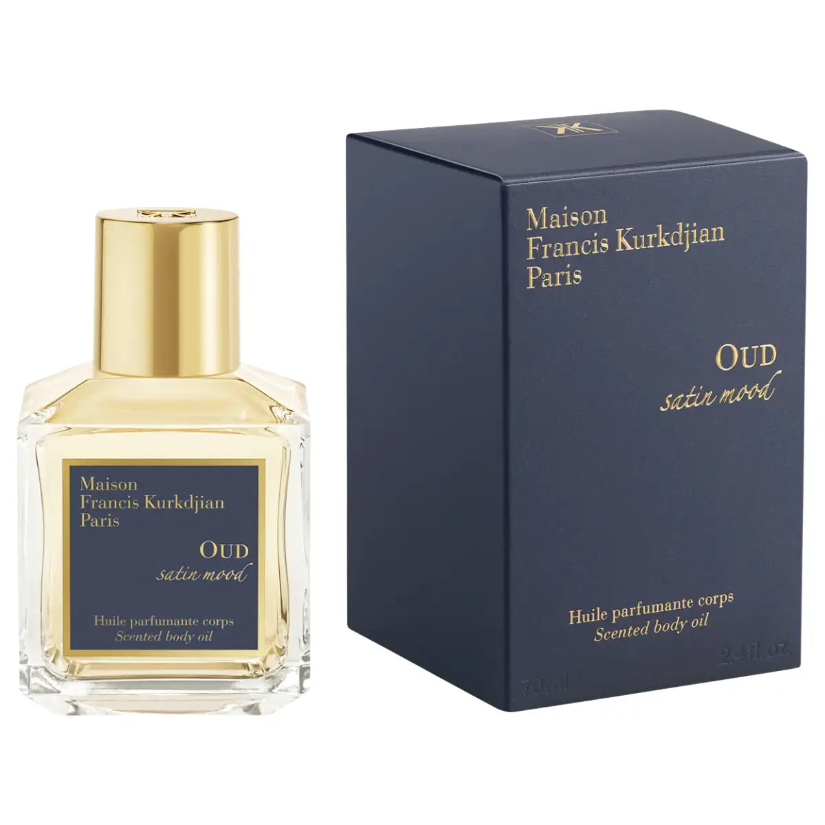 Maison Francis Kurkdjian Paris - Oud Satin Mood - Body Oil in rechteckigem Flakon mit goldfarbenem Deckel und dunkelblauem Etikett neben Verpackung