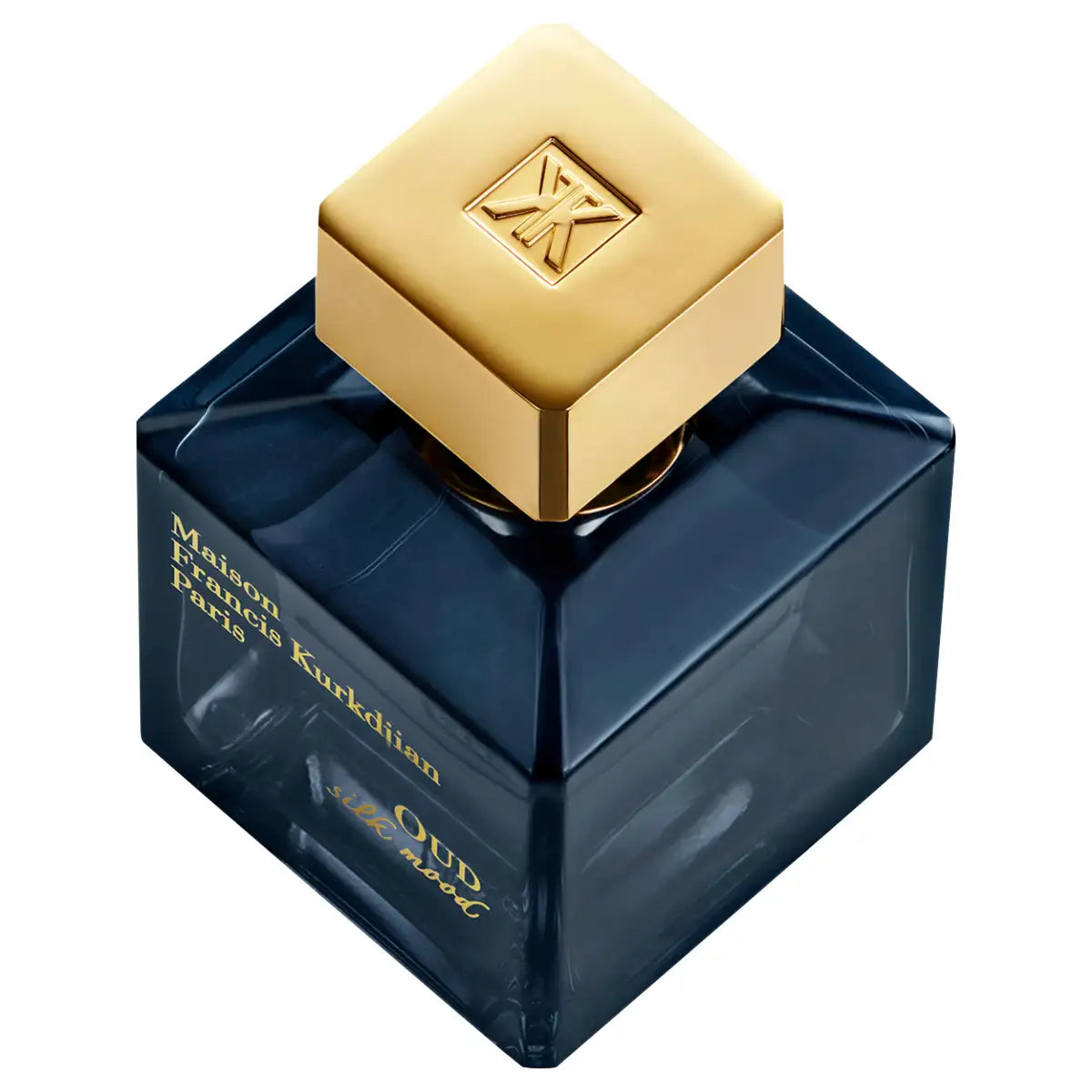Maison Francis Kurkdjian Paris - Silk Mood - Eau de Parfum Flakon in tiefblau mit goldenem Deckel auf weißem Hintergrund