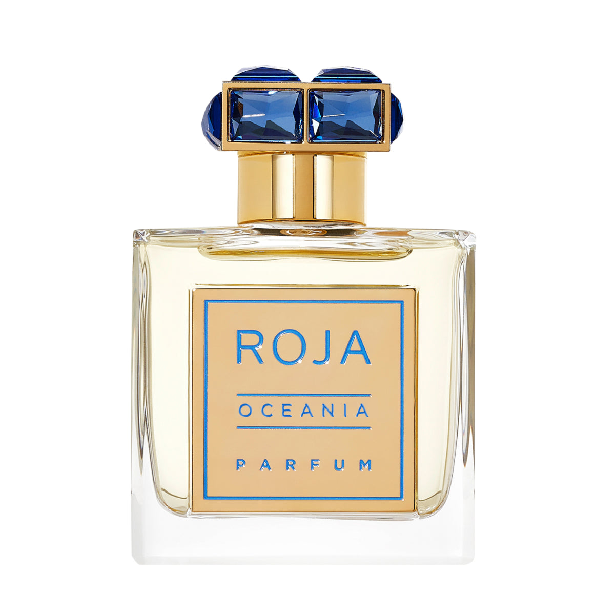 Roja Parfums - Oceania - Parfum Flakon mit goldblauem Etikett und blauer Kappe vor weißem Hintergrund