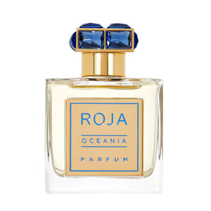 Roja Parfums - Oceania - Parfum Flakon mit goldblauem Etikett und blauer Kappe vor weißem Hintergrund