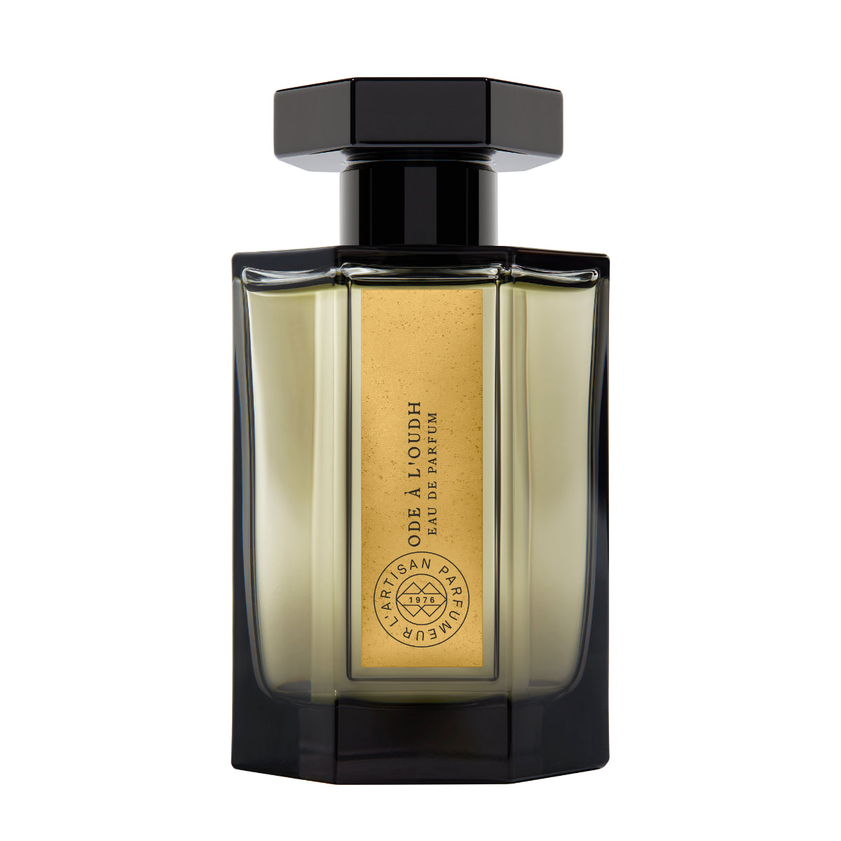 L'Artisan Parfumeur - Les Merveilles - Ode à L'Oudh klarer Flakon mit goldenem Etikett und schwarzem Verschluss vor weißem Hintergrund