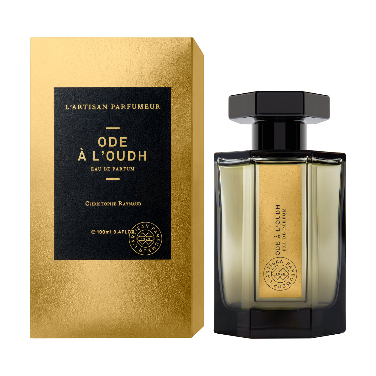 L'Artisan Parfumeur - Les Merveilles - Ode à L'Oudh eleganter Flakon mit goldener Verpackung vor weißem Hintergrund