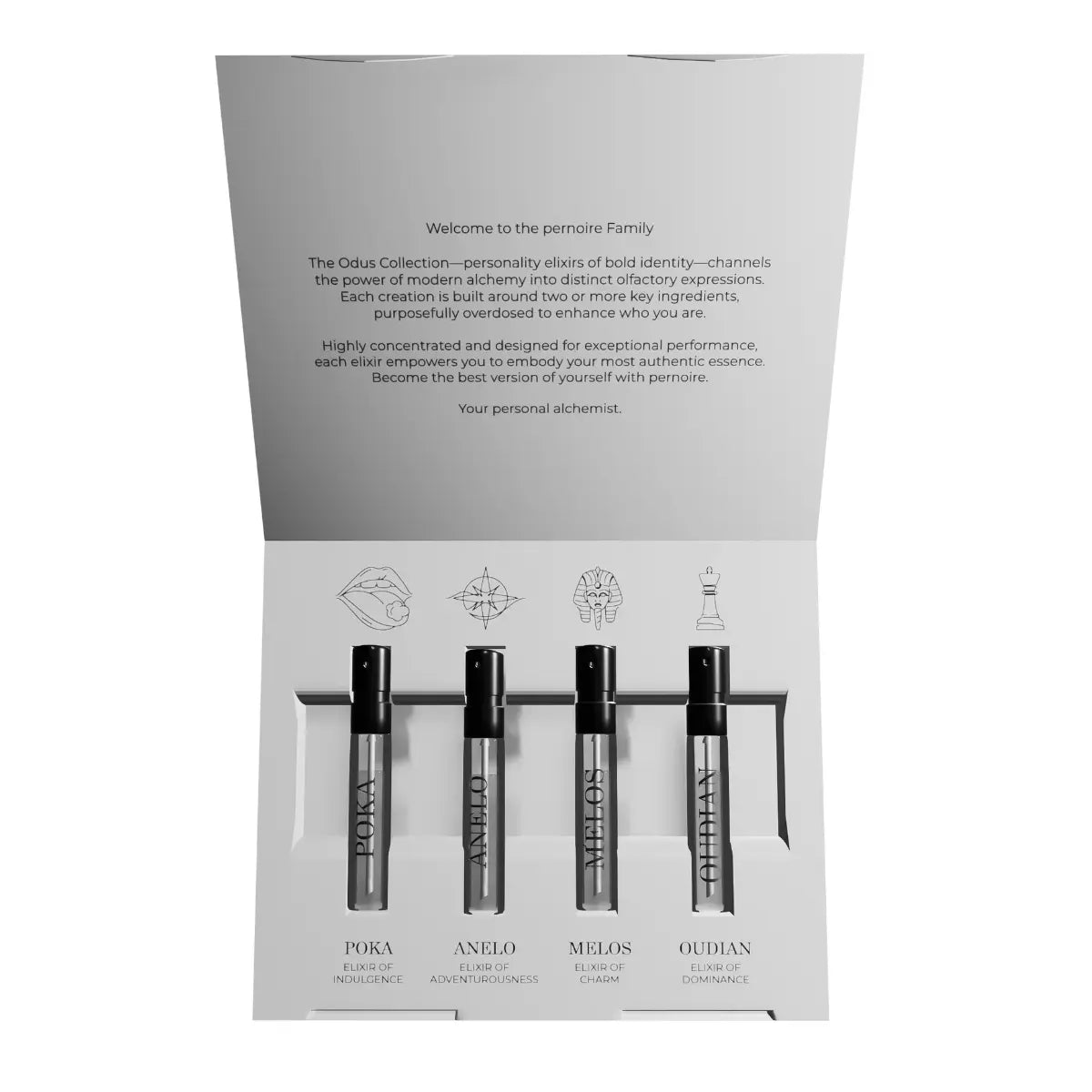 Pernoire - Discovery Set Odus Collection mit vier eleganten Duftproben in minimalistischer weißer Verpackung