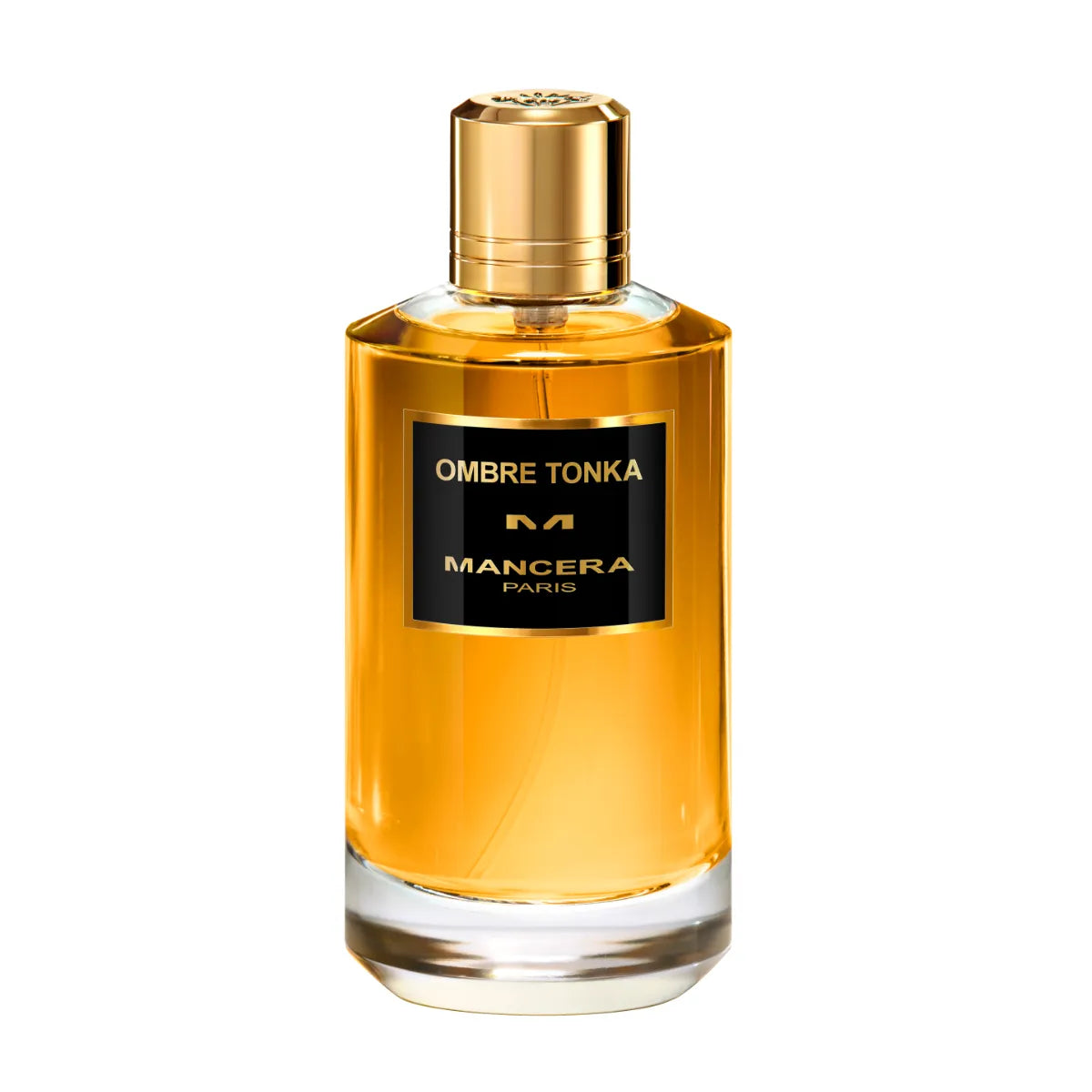 Mancera - Ombre Tonka Parfumflakon in goldfarbenem Glas mit schwarzem Etikett und goldenem Verschluss vor weißem Hintergrund