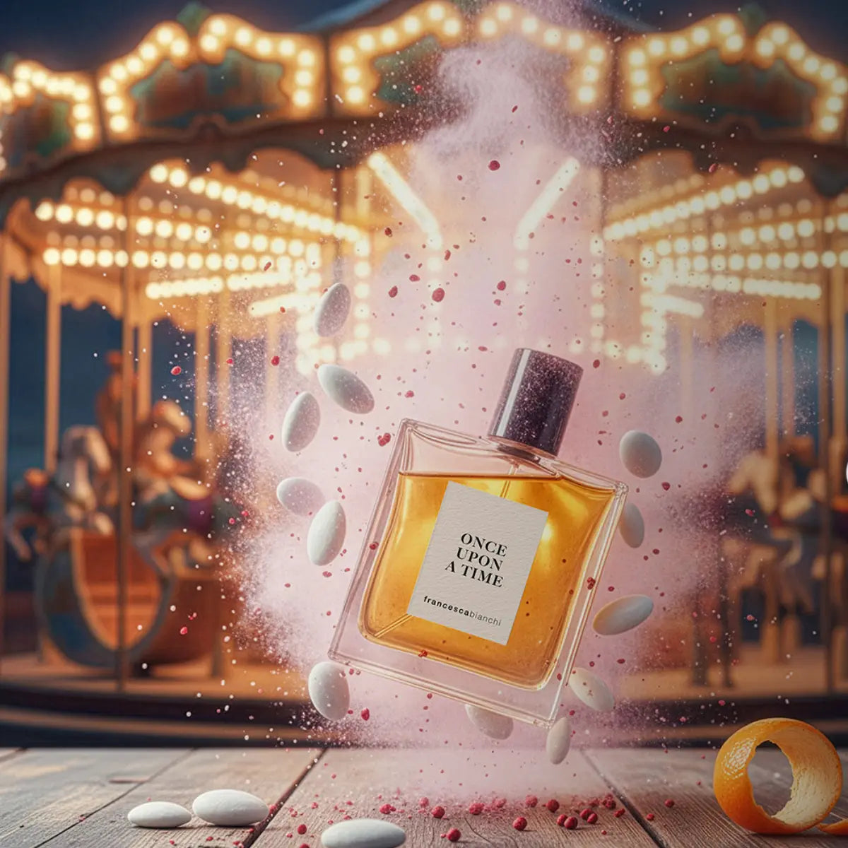 Francesca Bianchi - Once Upon a Time zeigt Flakon mit goldenem Inhalt vor leuchtendem Karussell und rosa Nebel