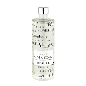 LINARI - Graphic Line - Onda - Diffusor Refill klare Nachfüllflasche mit schwarzer Schrift und silbernem Verschluss vor weißem Hintergrund