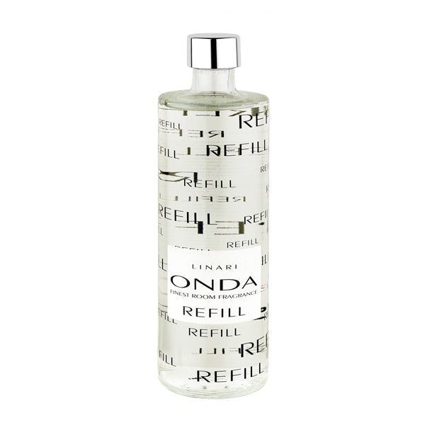 LINARI - Graphic Line - Onda - Diffusor Refill klare Nachfüllflasche mit schwarzer Schrift und silbernem Verschluss vor weißem Hintergrund