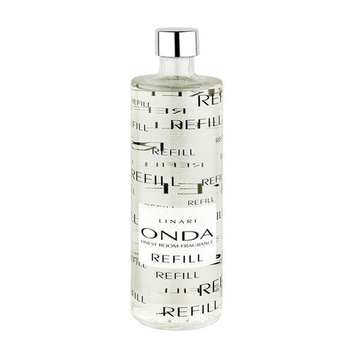 LINARI - Graphic Line - Onda - Diffusor Refill klare Nachfüllflasche mit schwarzer Schrift und silbernem Verschluss vor weißem Hintergrund