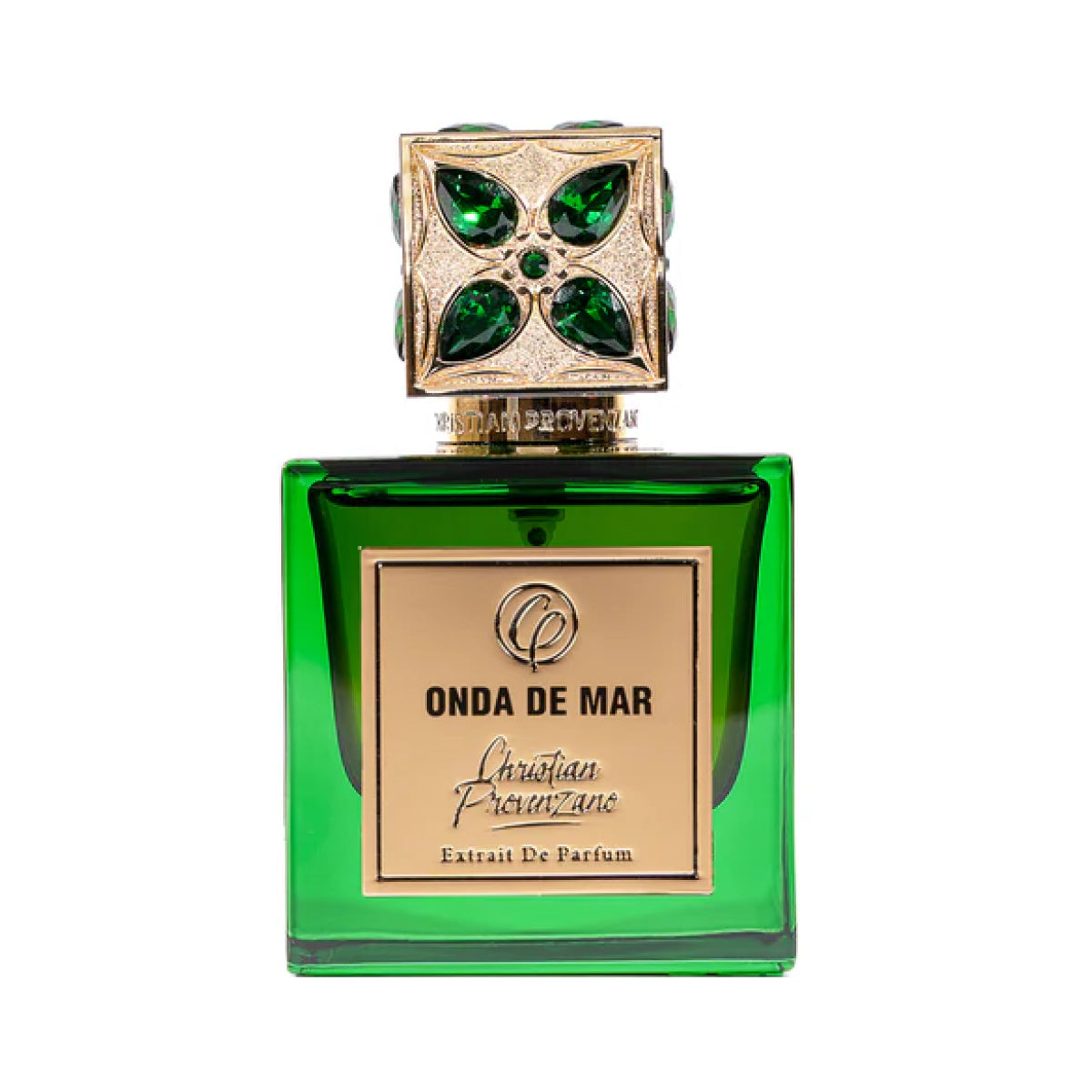 Christian Provenzano - Onda de Mar Parfumflakon in grünem Glas mit goldfarbenem Etikett und dekorativem Verschluss