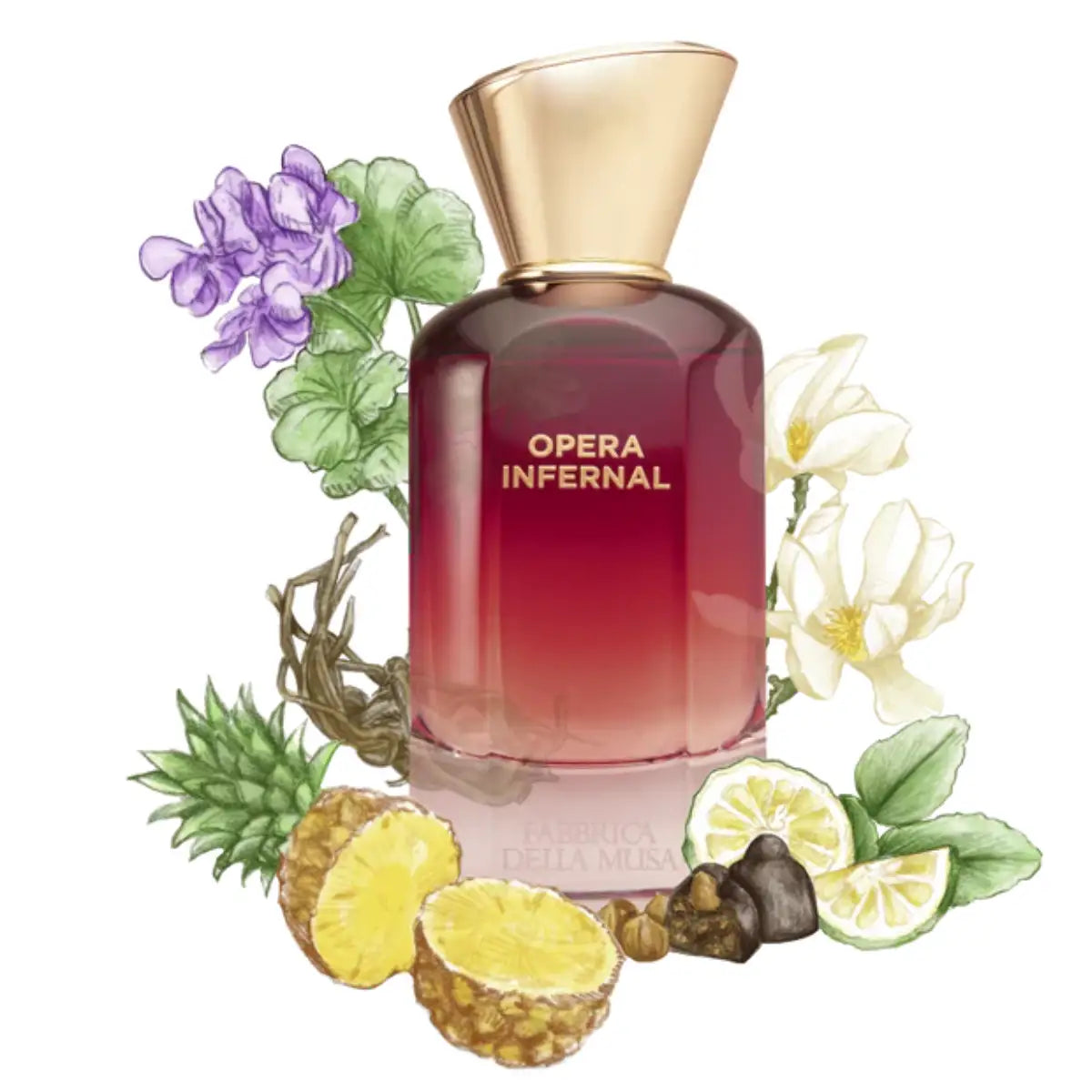 Fabbrica della Musa - Opera Infernal Parfümflakon in tiefrot mit goldfarbenem Verschluss und floralen sowie fruchtigen Elementen