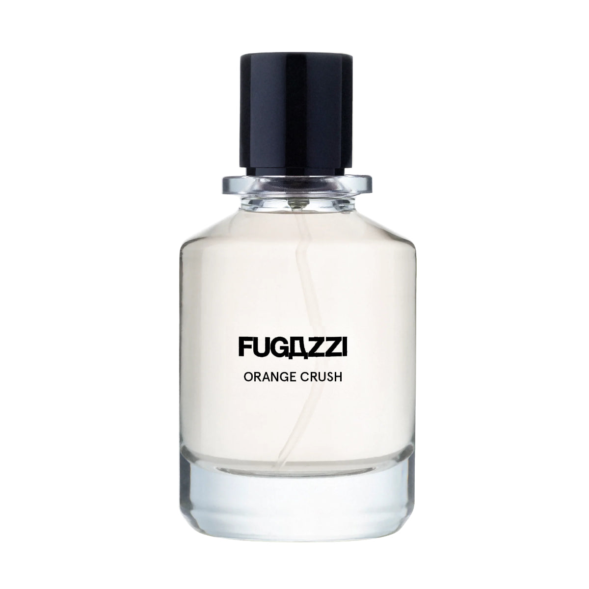 Fugazzi - Orange Crush Extrait Parfumflakon mit schwarzem Verschluss und transparentem Glas auf weißem Hintergrund