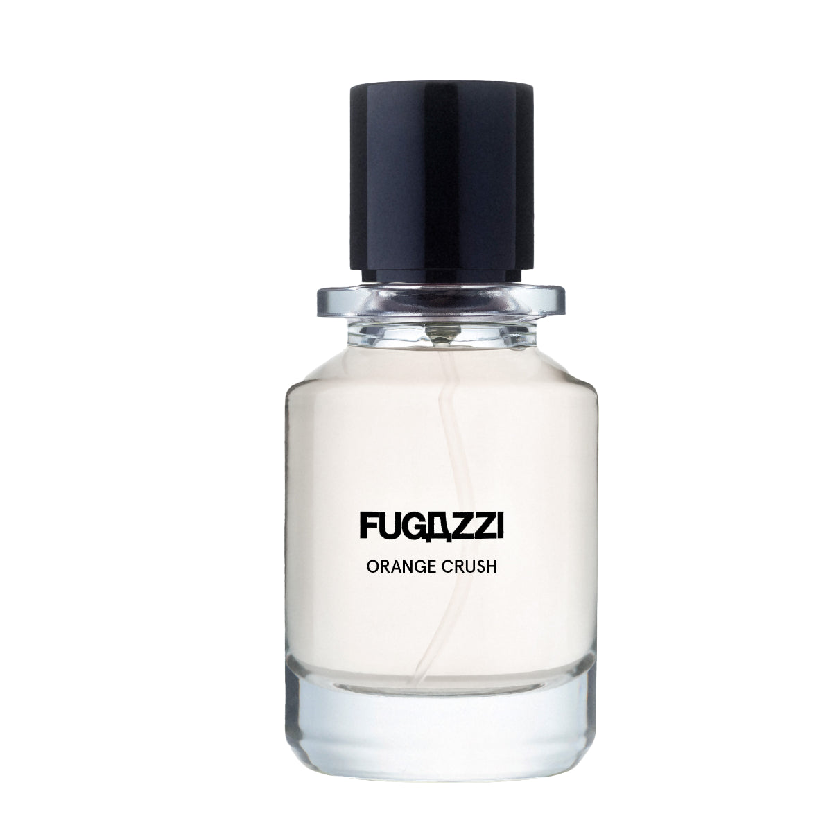 Fugazzi - Orange Crush Extrait Parfumflakon mit klarem Glas und schwarzem Verschluss vor weißem Hintergrund