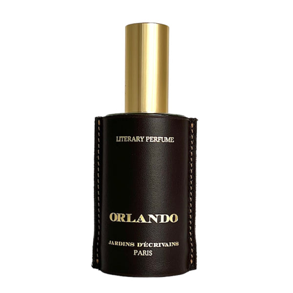 Jardins d'Écrivains - Orlando Parfumflakon mit schwarzer Lederhülle und goldenem Zerstäuber elegant präsentiert