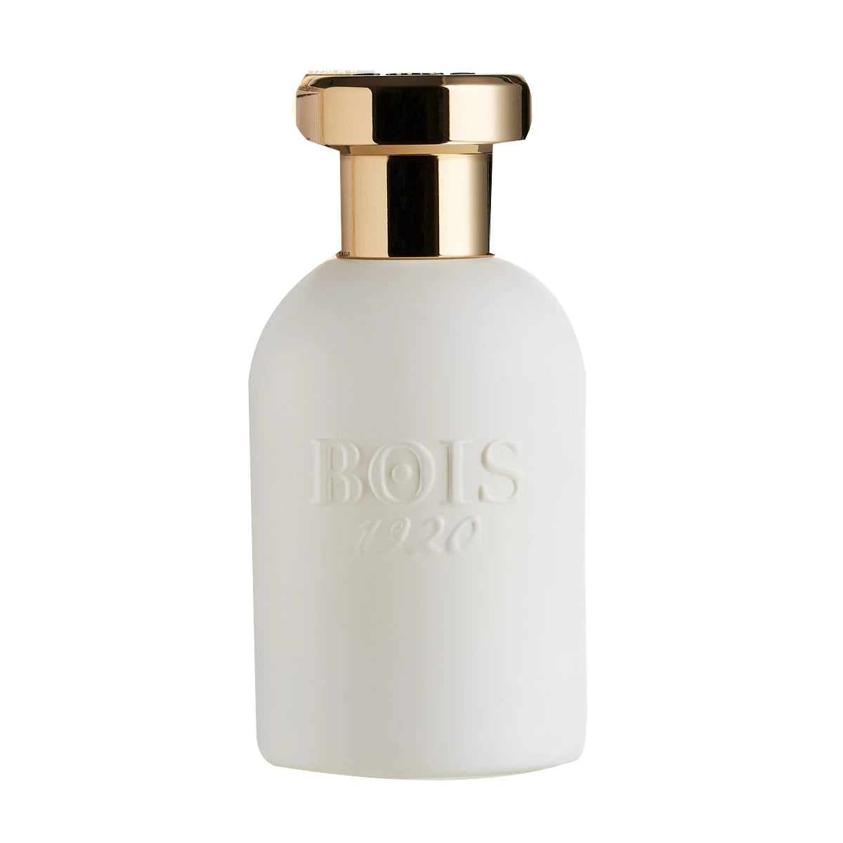 Bois 1920 - Oro Collection - Oro Bianco weißer Flakon mit goldfarbenem Verschluss vor schlichtem Hintergrund