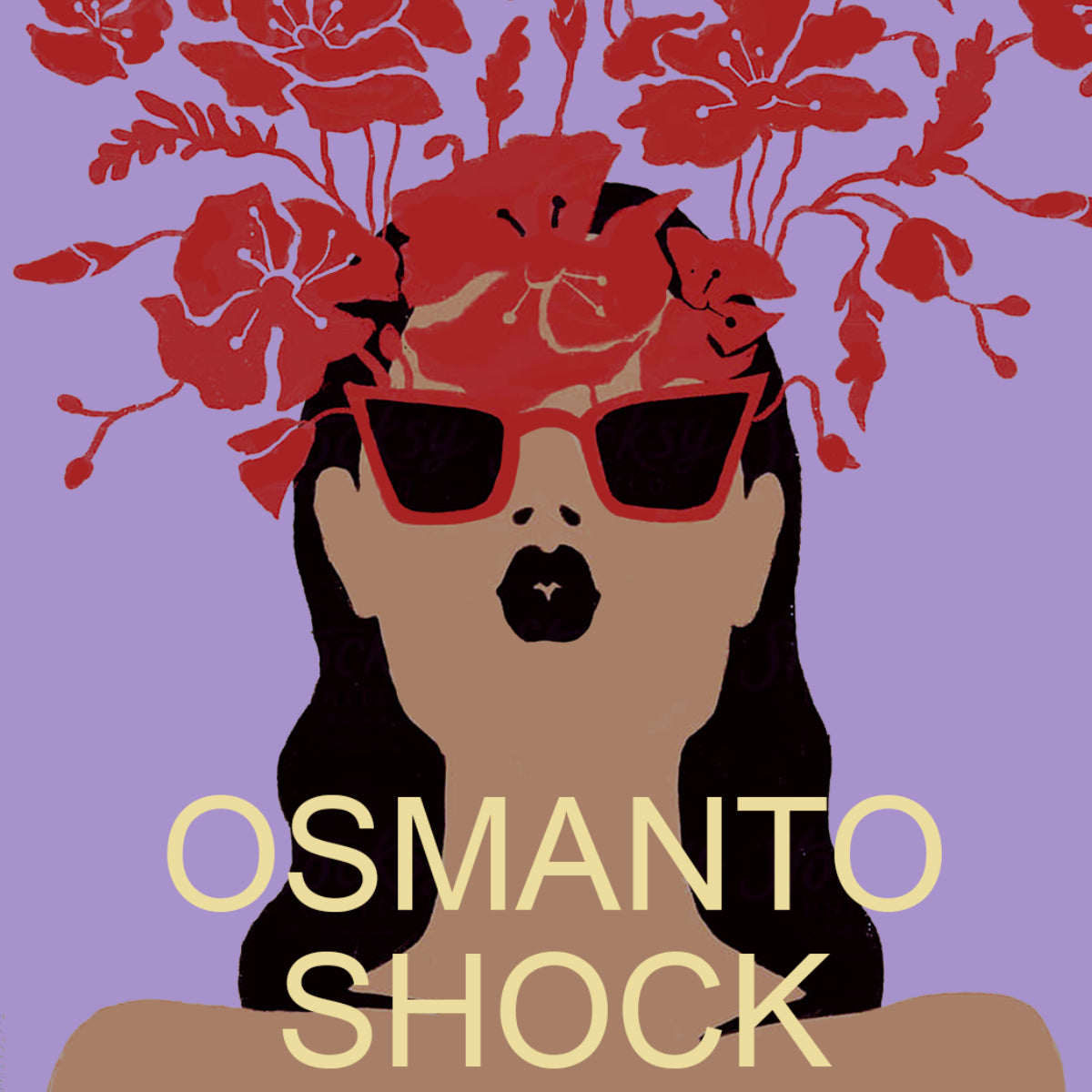 New Notes - Contemporary Blend Collection - Osmanto Shock stilisierte Frau mit roten Blumen und dunkler Sonnenbrille vor lila Hintergrund