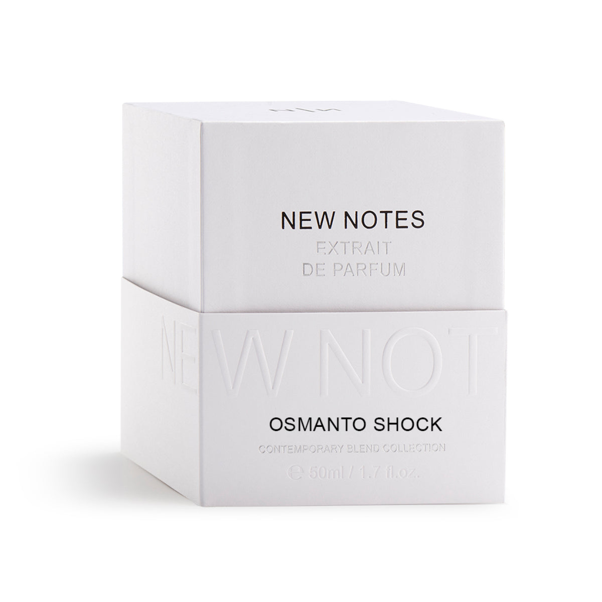 New Notes - Contemporary Blend Collection - Osmanto Shock weiße elegante Verpackung mit feiner Prägung auf hellem Hintergrund