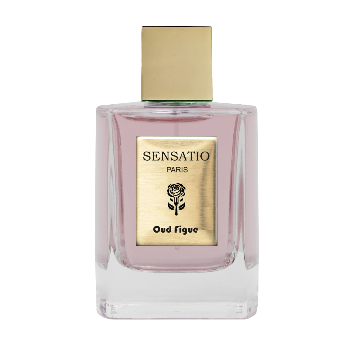 Sensatio Paris - Oud Figue Parfumflakon mit goldfarbenem Etikett und klarem Glas gefüllt mit rosa Flüssigkeit vor weißem Hintergrund